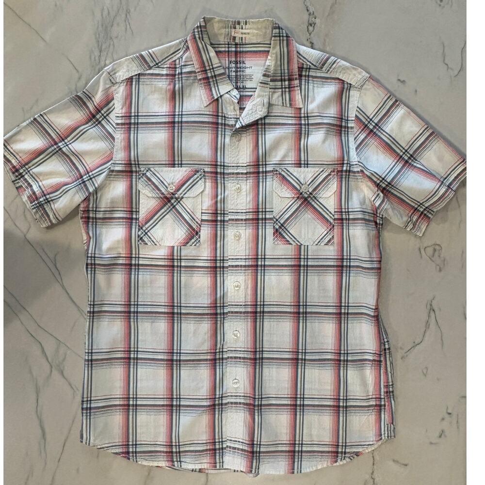 Fossil Men's XL Plaid Short Sleeved Shirt with Pearl Snaps + front pockets